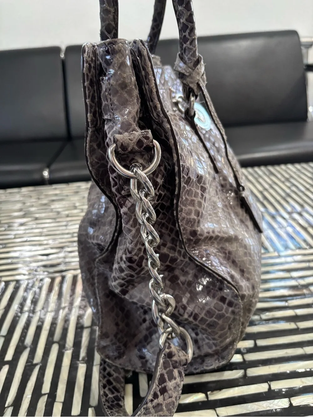 Authentic Michael Kors Gray Snakeskin-Embossed Satchel with Silver Hardware